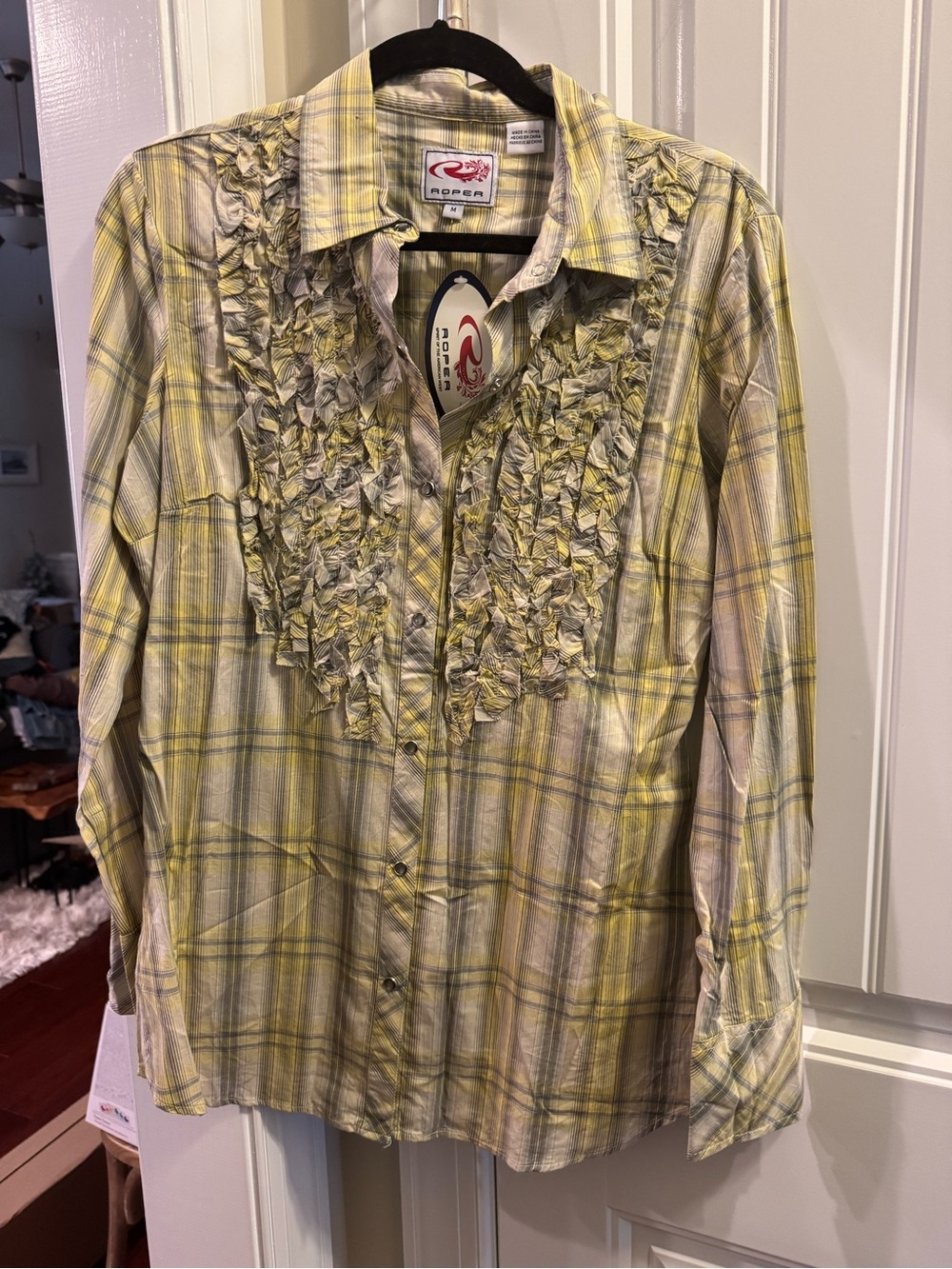 Roper Yellow and Gray Plaid Ruffled Front Button-Down Shirt
